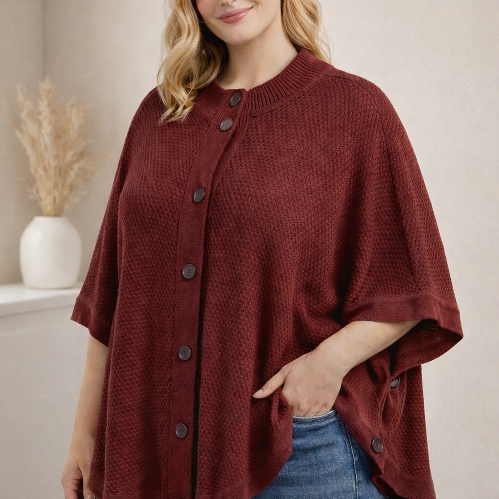 Denim&Co Burgundy Button-Up Poncho